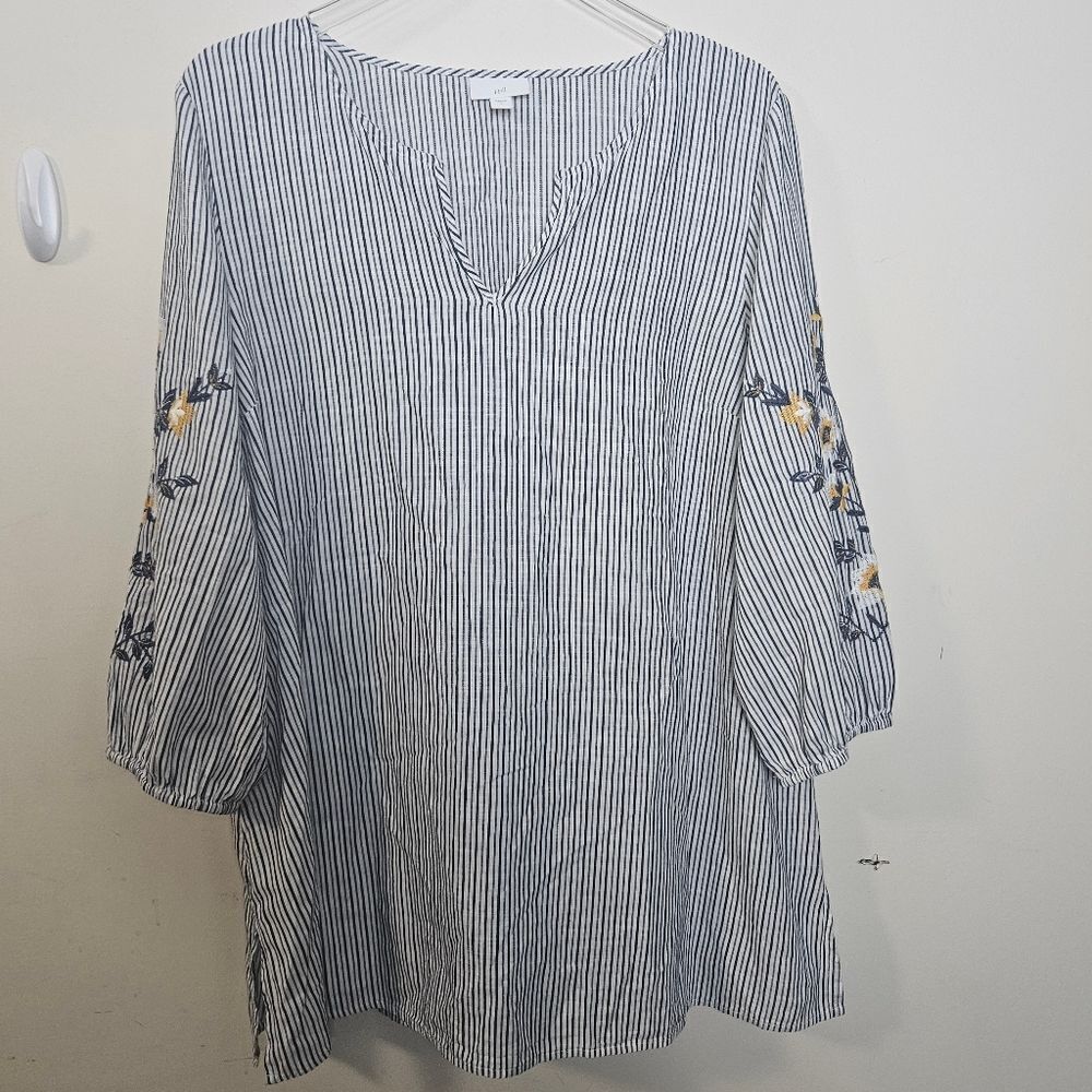 J Jill Womens Tunic Top Pinstripe Blue Yellow Floral Embroidered 3/4 Sleeve L